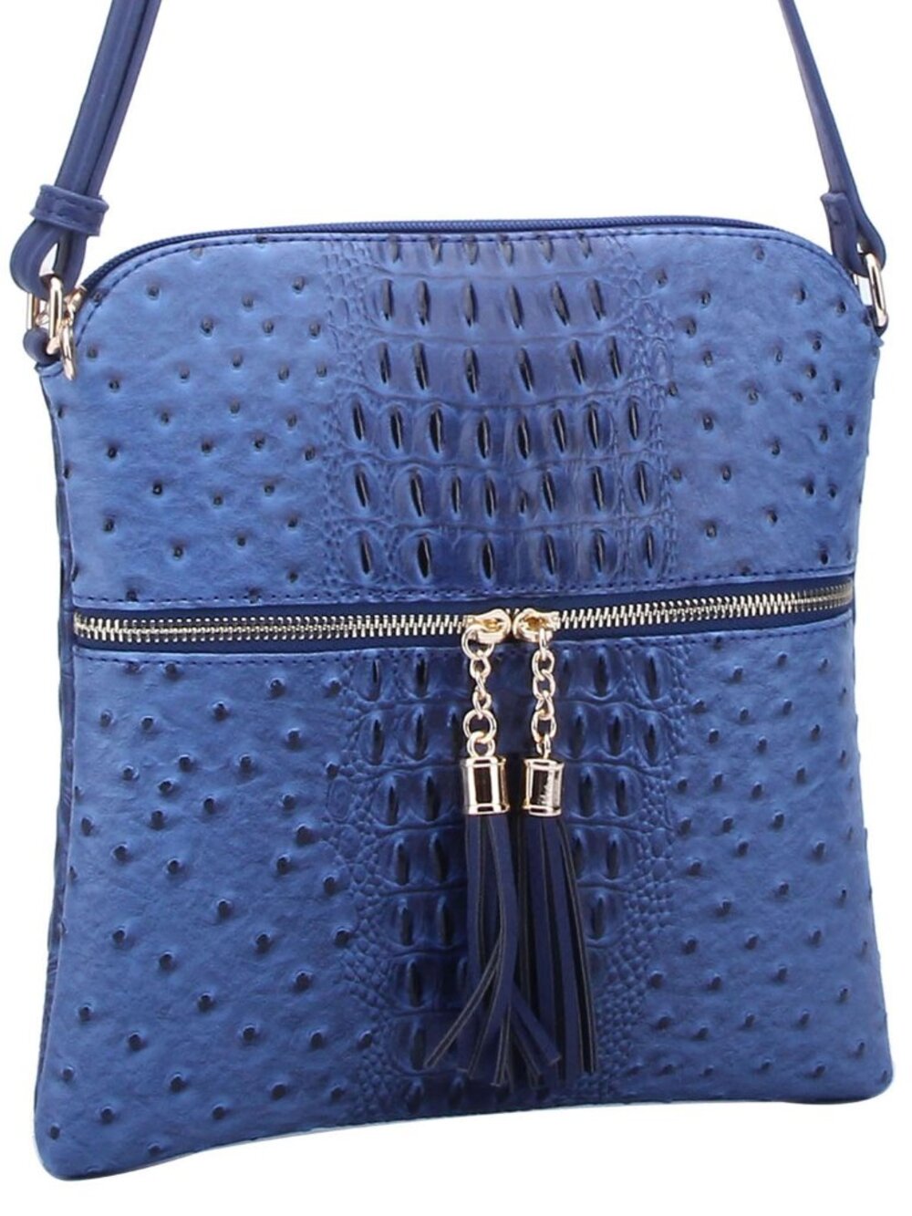 Ostrich Croc Zip Tassel Crossbody Bag - Blue